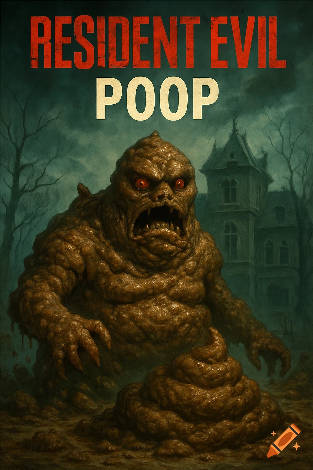 Horror poster of a grotesque monster made of feces with glowing red eyes in front of a haunted house. Text reads 'RESIDENT EVIL POOP'.