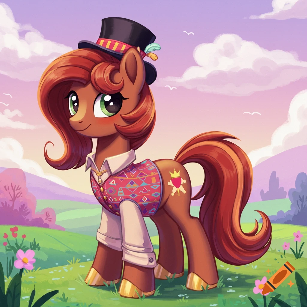 A cartoon pony with brown fur, a top hat, and a patterned vest stands in a vibrant green field with flowers under a purple sky.