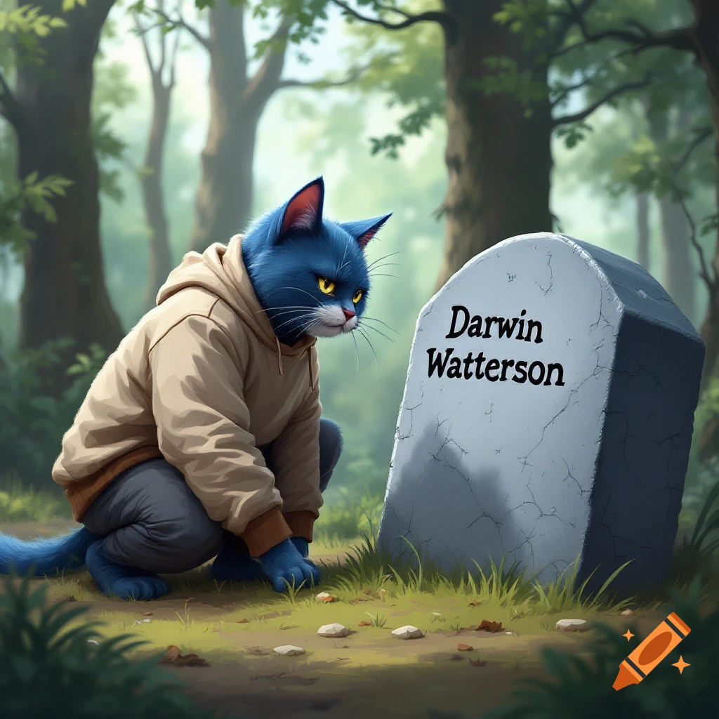 A blue anthropomorphic cat in a beige hoodie crouches before a tombstone reading 'Darwin Watterson' in a forest.