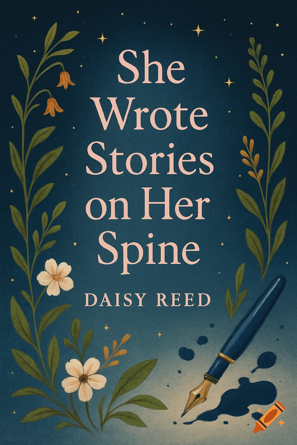 Whimsical dark blue book cover 'She Wrote Stories on Her Spine' by ...
