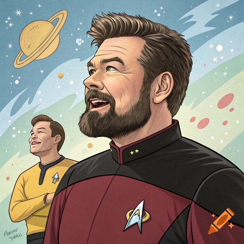 Cartoon illustration of Commander Riker and Lt. Barclay from Star Trek, looking upwards into a starry sky with a planet.