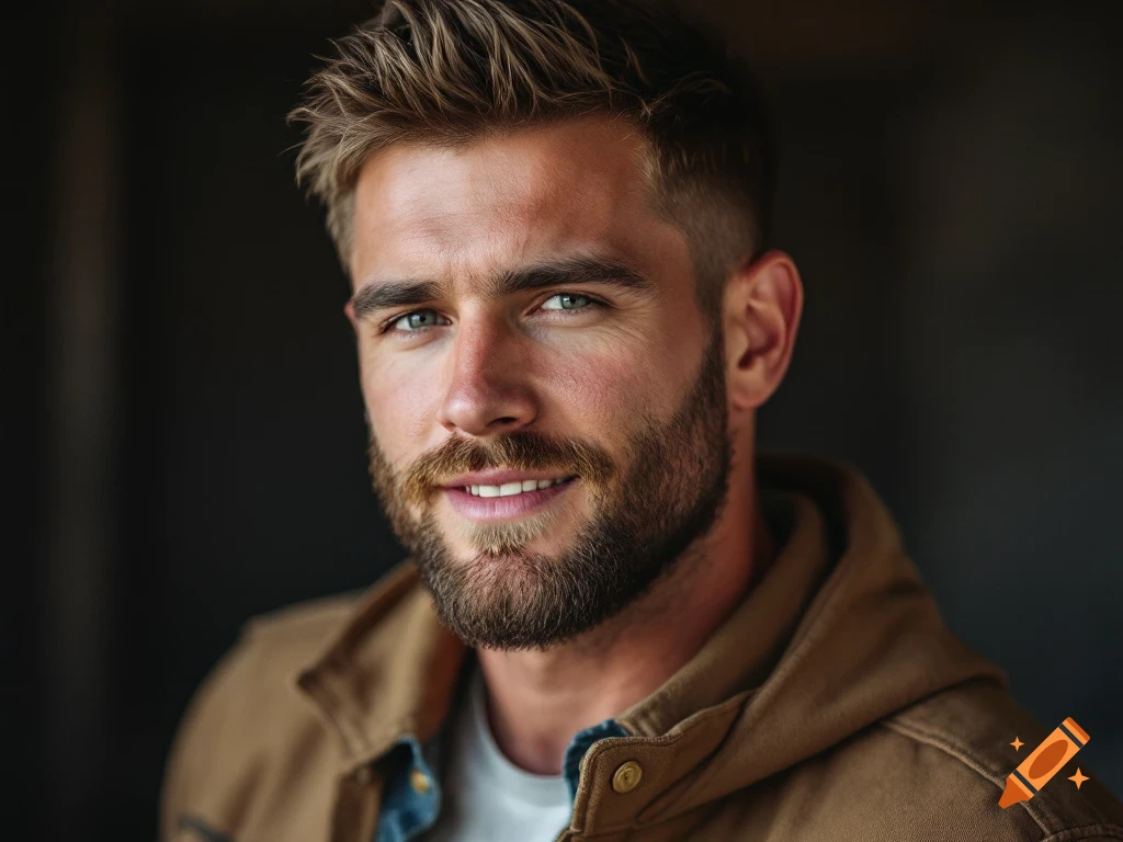 Close-up photorealistic portrait of a smiling man with a beard and light eyes, wearing a brown jacket.