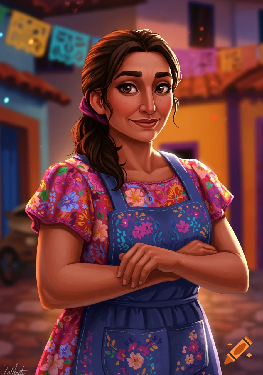 An illustrated woman with dark hair and freckles, wearing a colorful floral blouse and blue apron, stands smiling in a vibrant village.