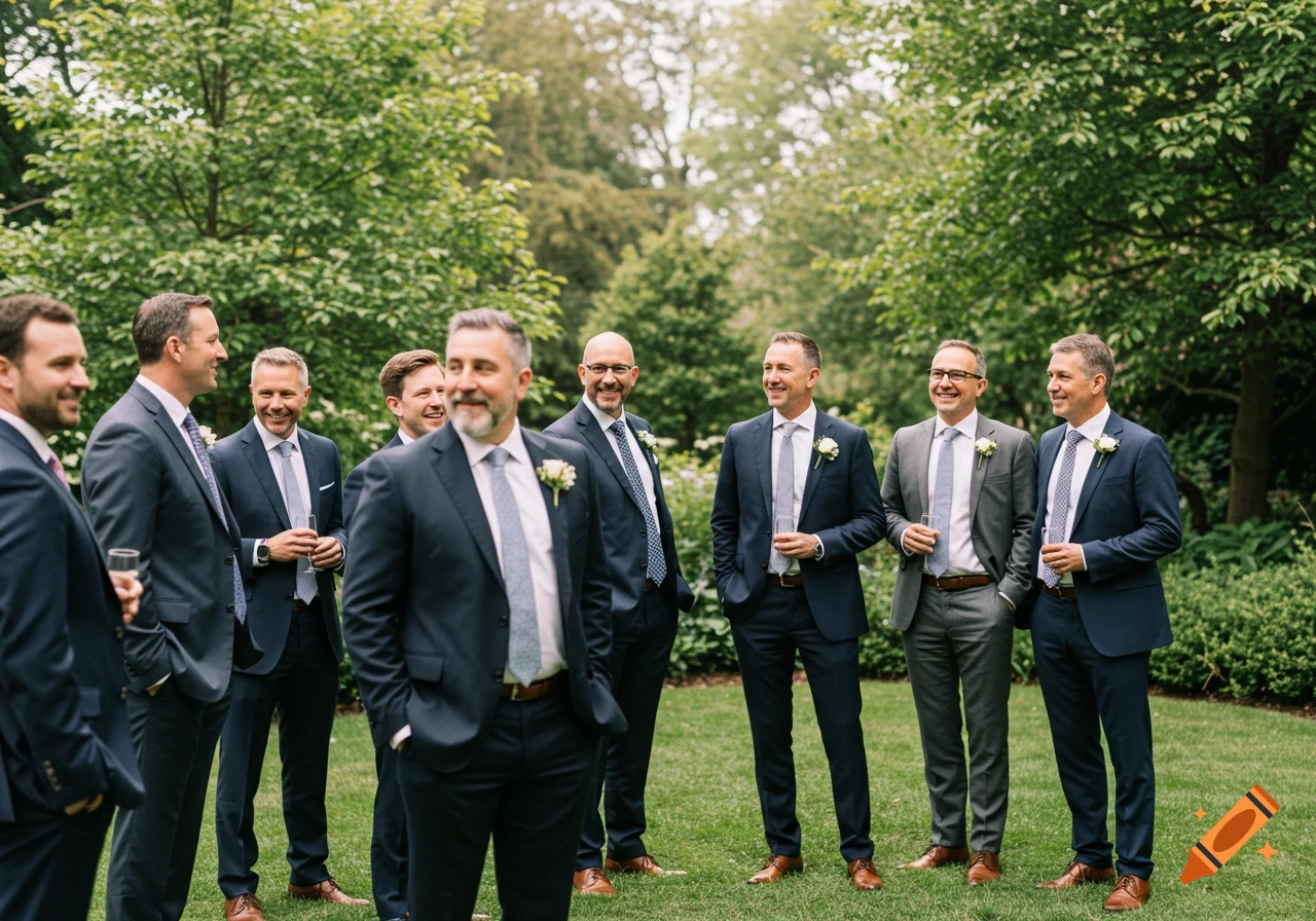 Group of smiling men in dark suits and light ties standing outdoors in a green garden, chatting and holding drinks.