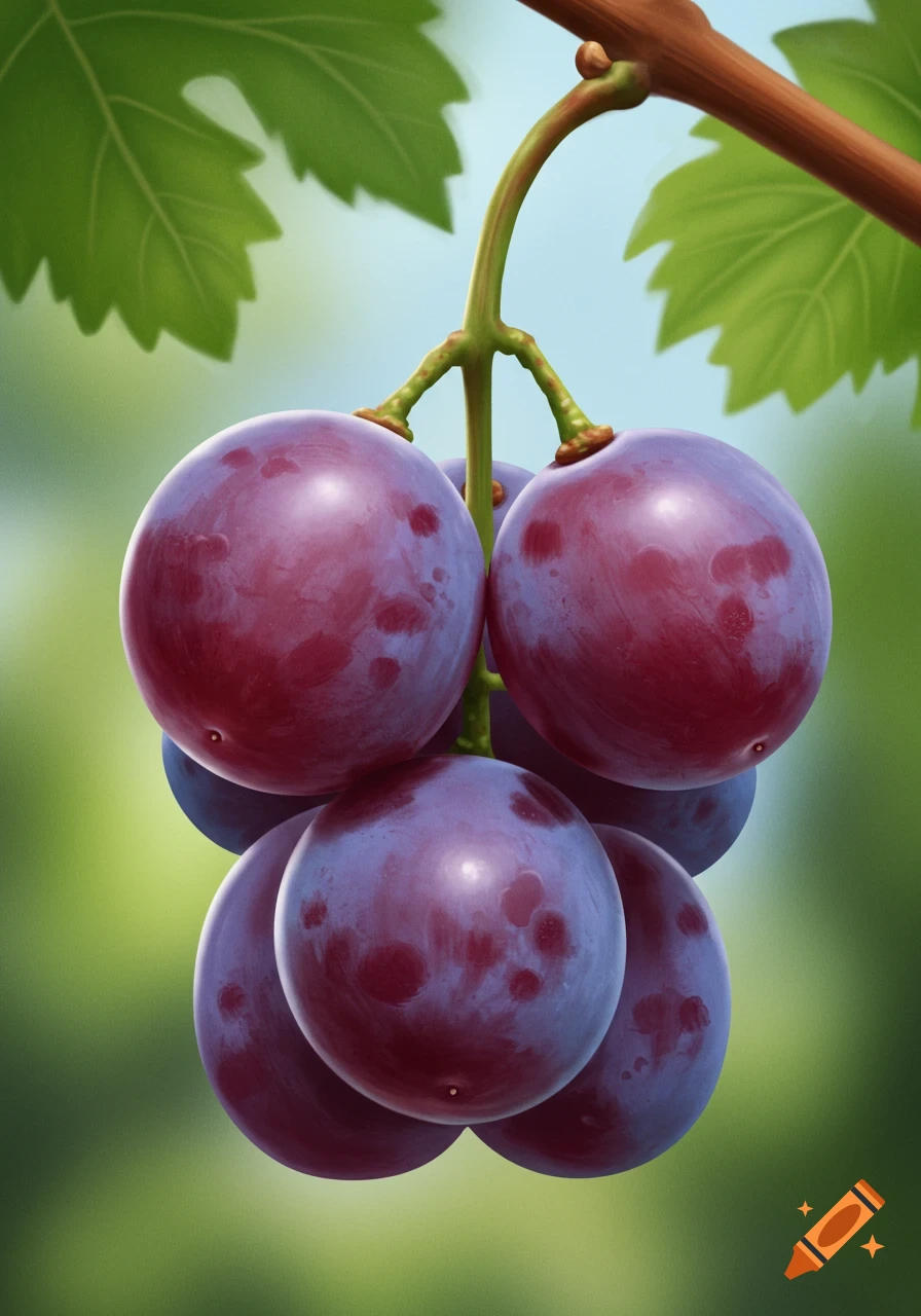 Close-up of a vibrant bunch of purple grapes hanging from a vine with green leaves and a blurred background.