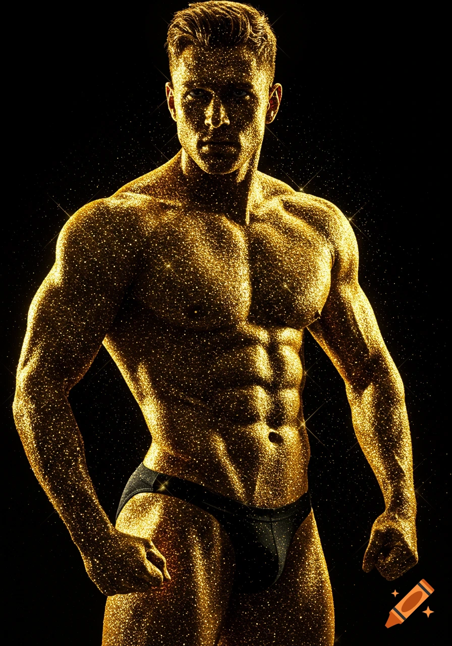 A muscular man covered in shimmering gold glitter stands against a black background, wearing dark briefs.