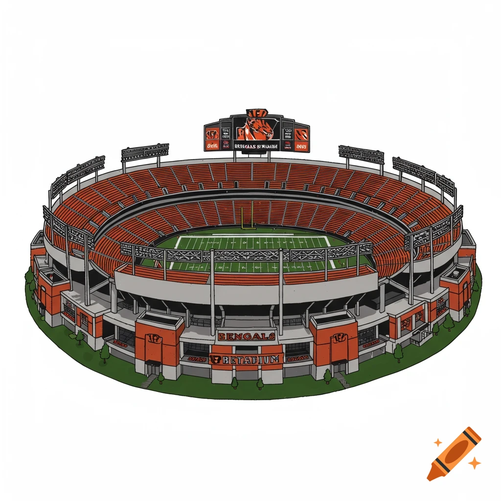 A colorful clip art illustration of an American football stadium with orange and grey seating, a green field, and prominent scoreboards.
