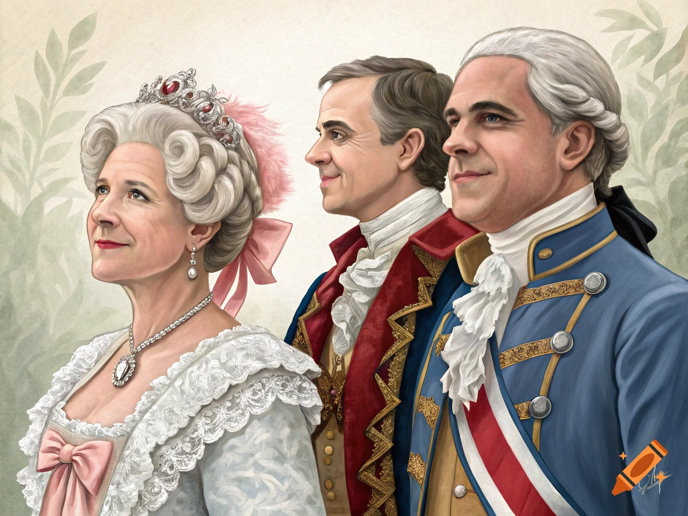 Three people, two men and a woman, in elaborate 18th-century aristocratic attire, posed in a painted portrait style.
