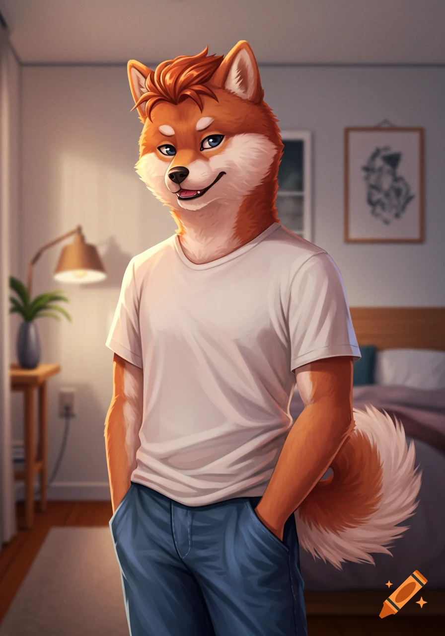 Illustration of an anthropomorphic Shiba Inu character with orange fur and spiky hair, wearing a white t-shirt and blue jeans, standing indoors.