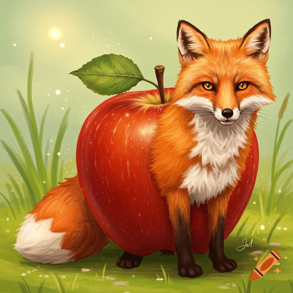 A cute, stylized red fox with bright eyes stands in green grass, its body merged with a large red apple.