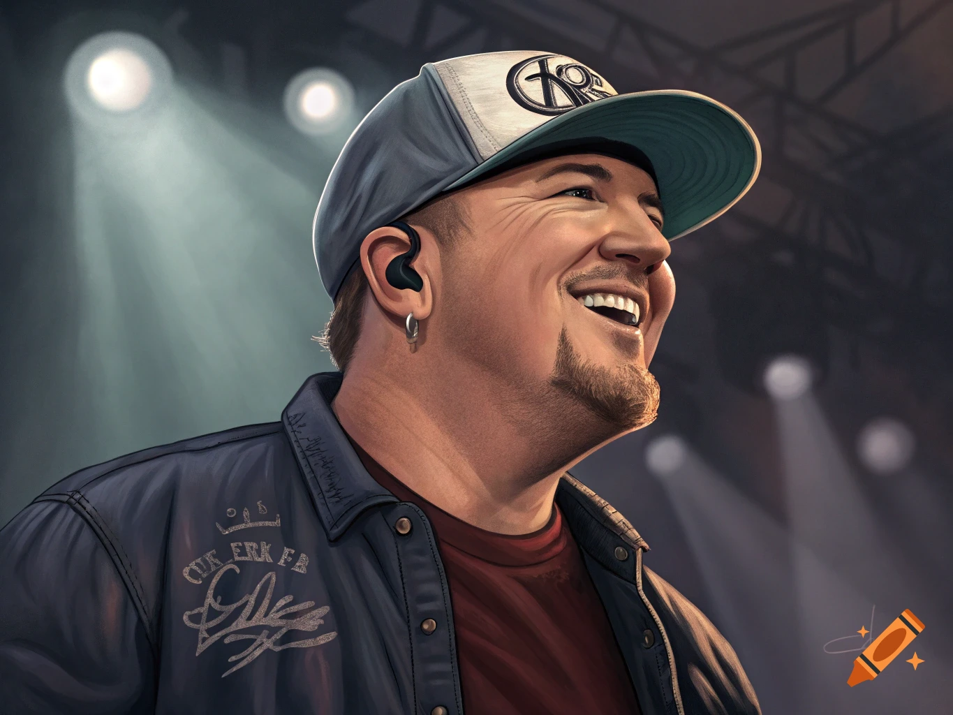 Vibrant illustrative portrait of a smiling man wearing a baseball cap and earpiece on a lit stage.
