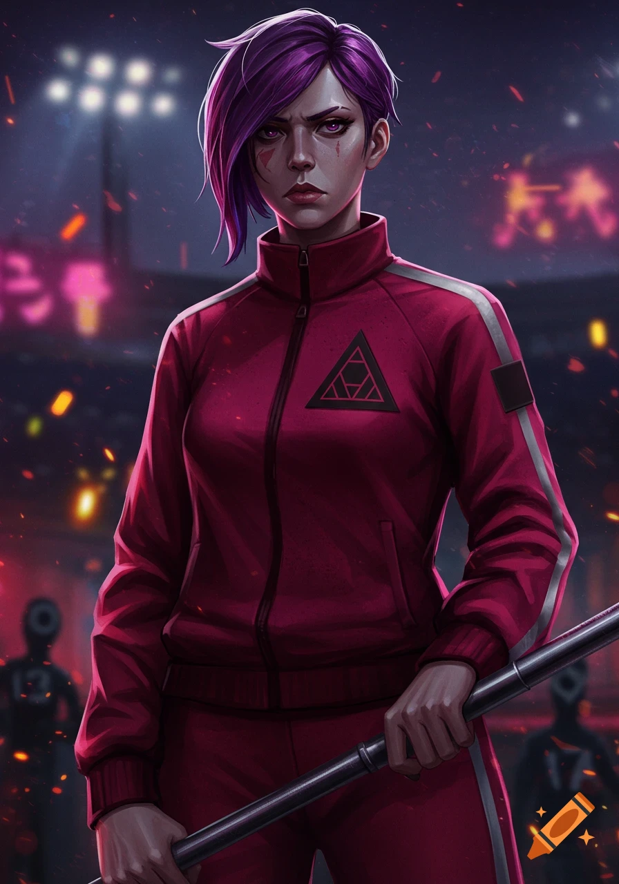 A woman with purple hair in a red Squid Game tracksuit holds a metal bar, with masked figures in a stadium background.