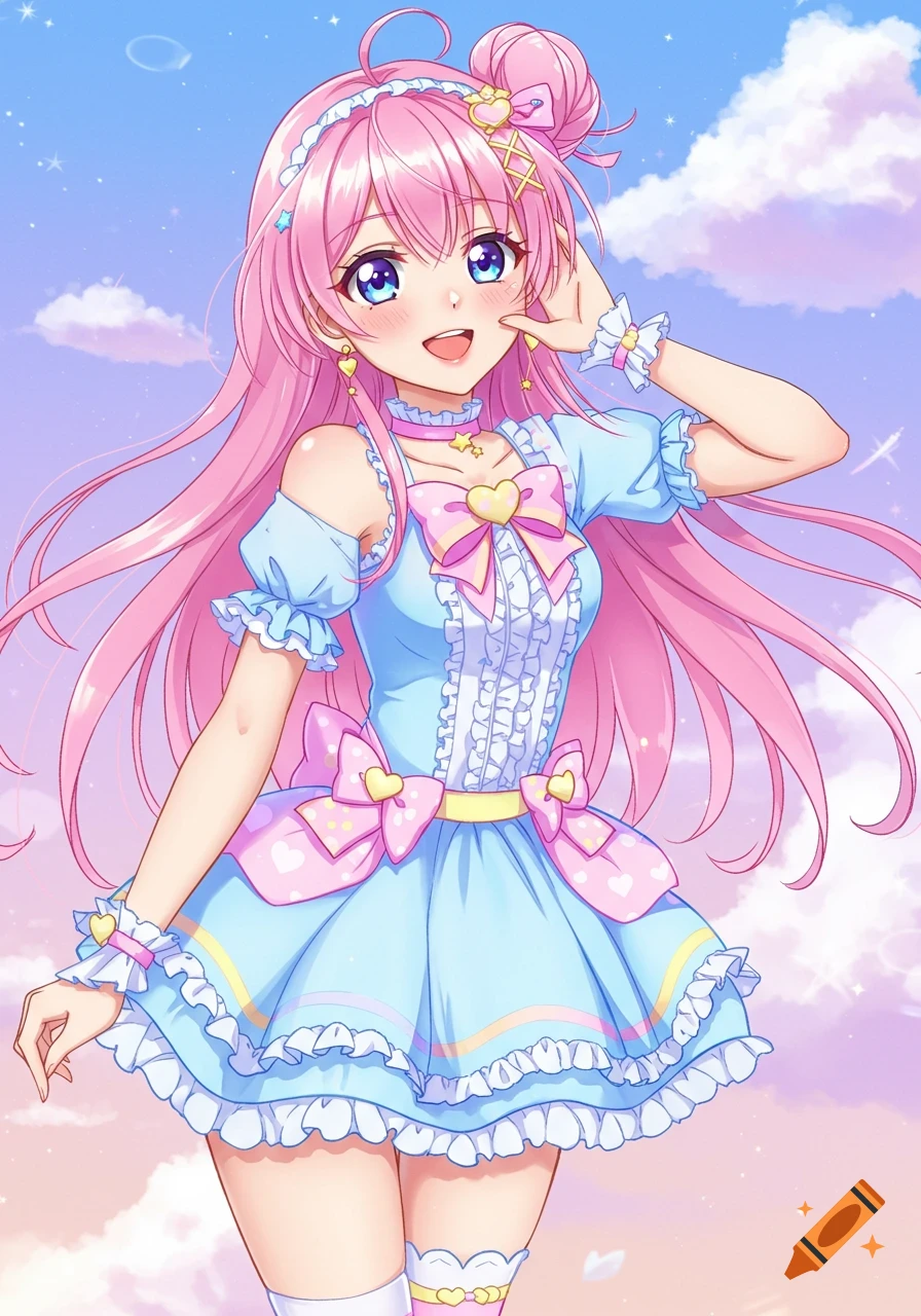 Anime girl with long pink hair and blue eyes, wearing a light blue dress  with pink bows, smiling in a dreamy sky setting. on Craiyon