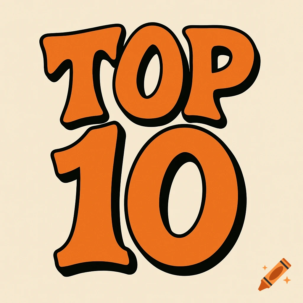 The words 'TOP 10' in bold, bubbly orange letters with a black outline on a cream background.