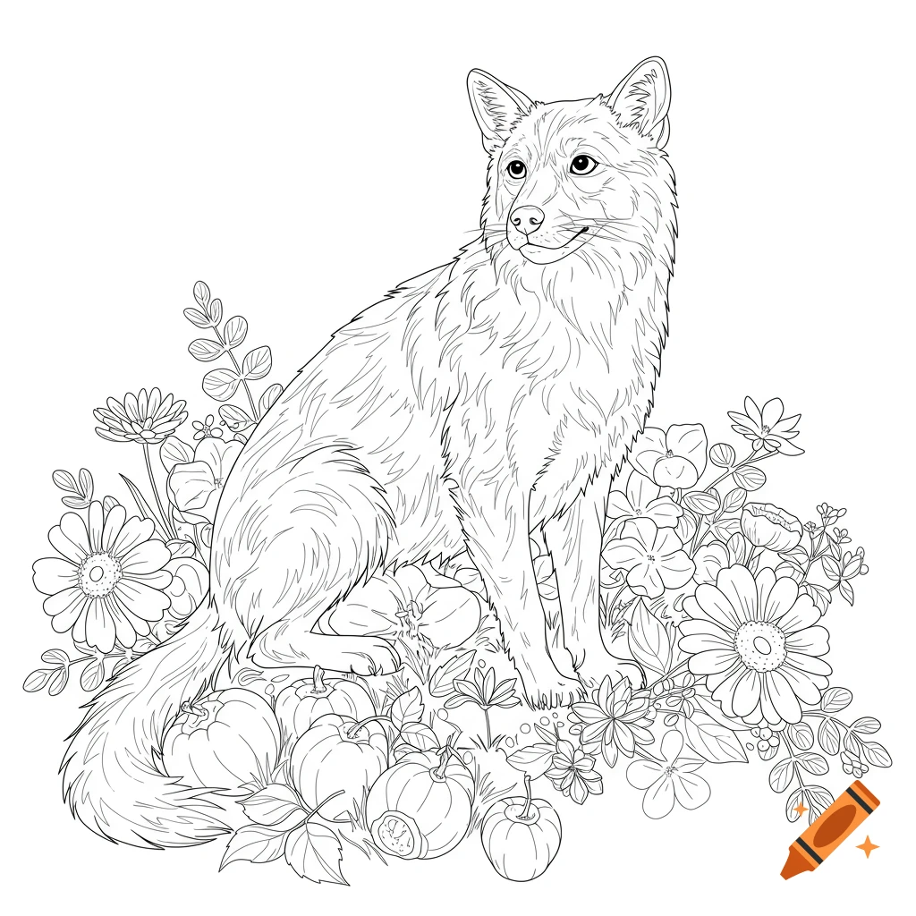 Line art of a fox-like animal sitting among flowers and pumpkins, ready for coloring.