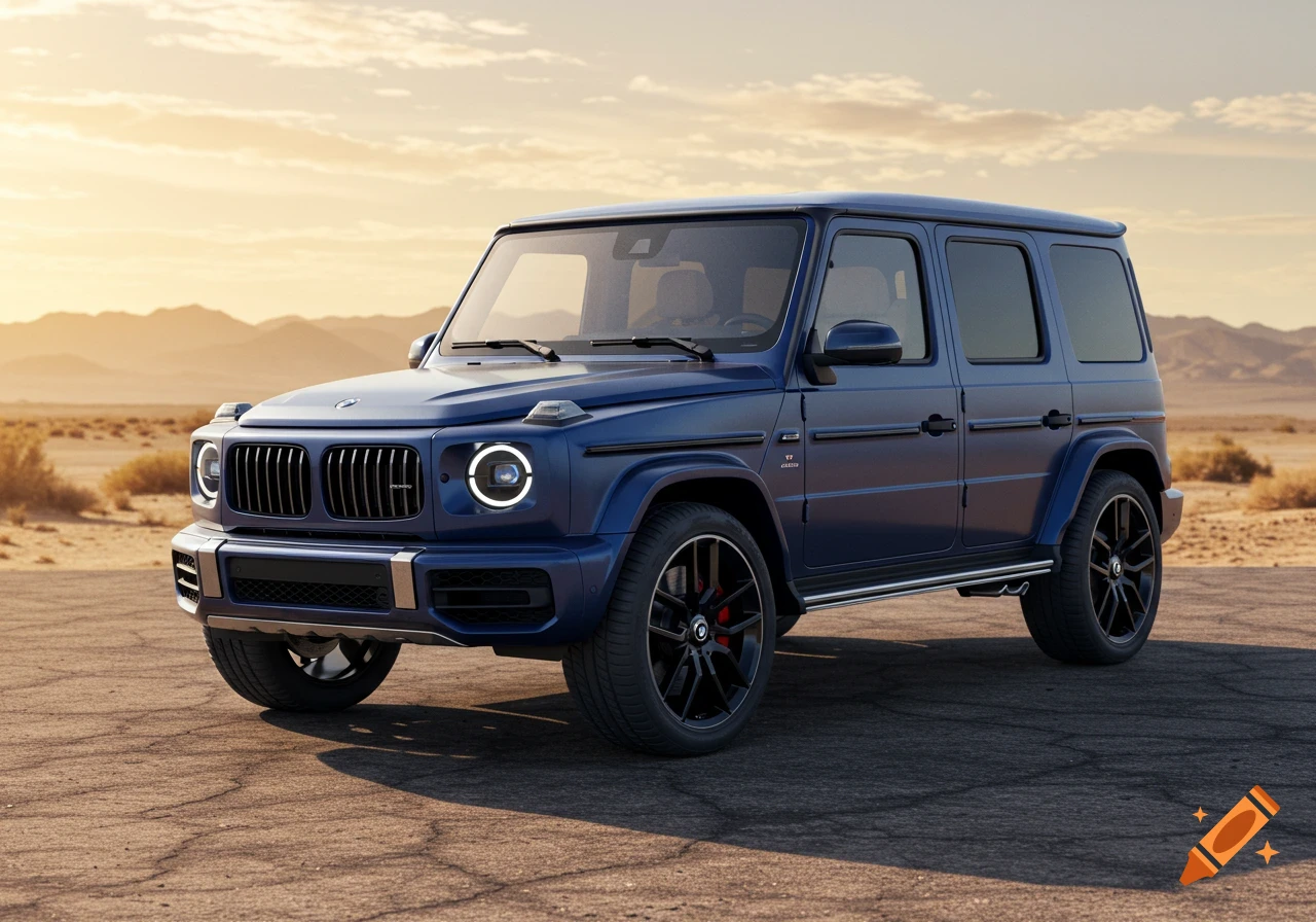 A photorealistic image of a dark blue Mercedes-Benz G-Class SUV parked on an asphalt road in a desert landscape during sunset.
