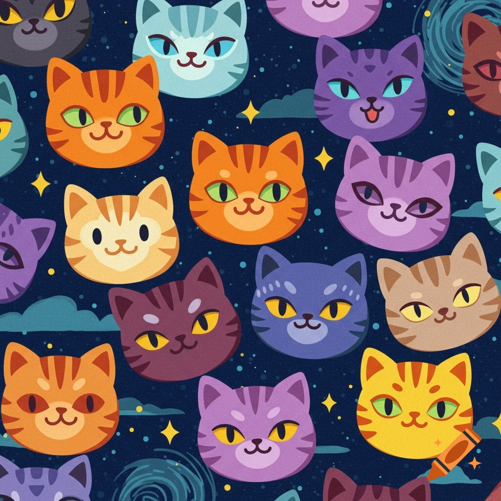 A seamless pattern of colorful, cute cartoon cat faces against a dark blue starry background.