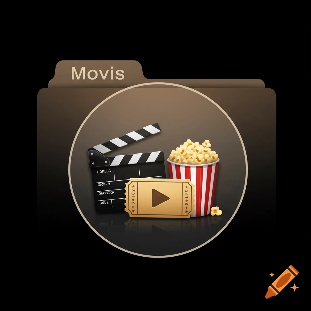 A stylized brown folder icon labeled 'Movis', containing a movie clapperboard, a red and white striped popcorn bucket, and a golden movie ticket.