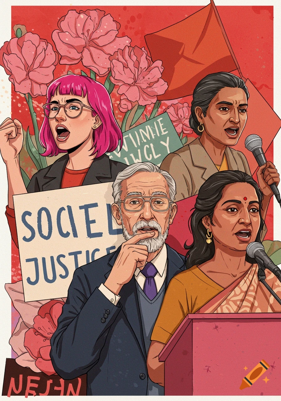 An illustration of four diverse people, including an older man, a woman in a sari, and a woman with pink hair, speaking at a rally with signs that read 'Social Justice' and pink flowers in the background.