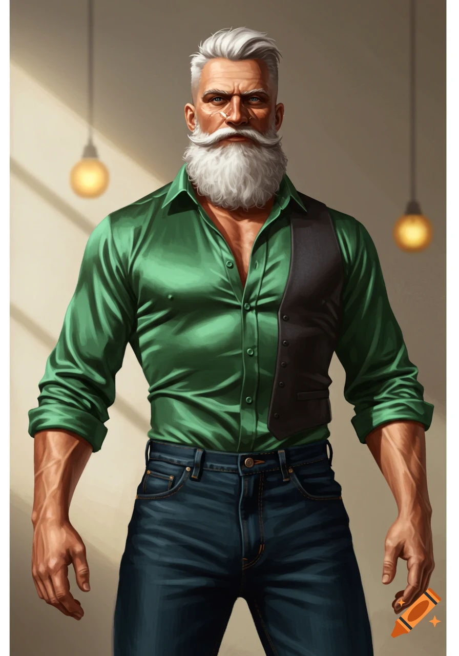 A photorealistic portrait of a stylish man with a white beard, green satin shirt, and dark waistcoat, standing indoors.