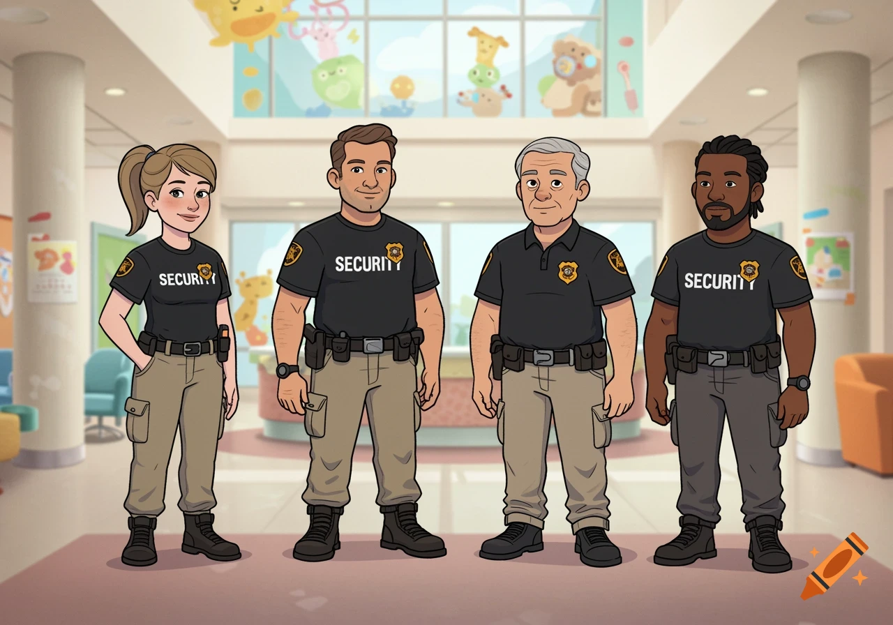 A cartoon security team, consisting of a woman and three men in black shirts and khaki pants, stands in a children's hospital lobby.