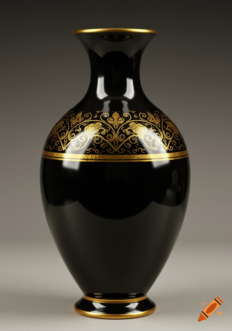 A black, long, oval-shaped vase with intricate gold ornate patterns in a photorealistic style.