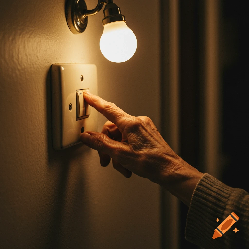 An elderly hand reaches out to flip a light switch on a wall, illuminated by a glowing light bulb.