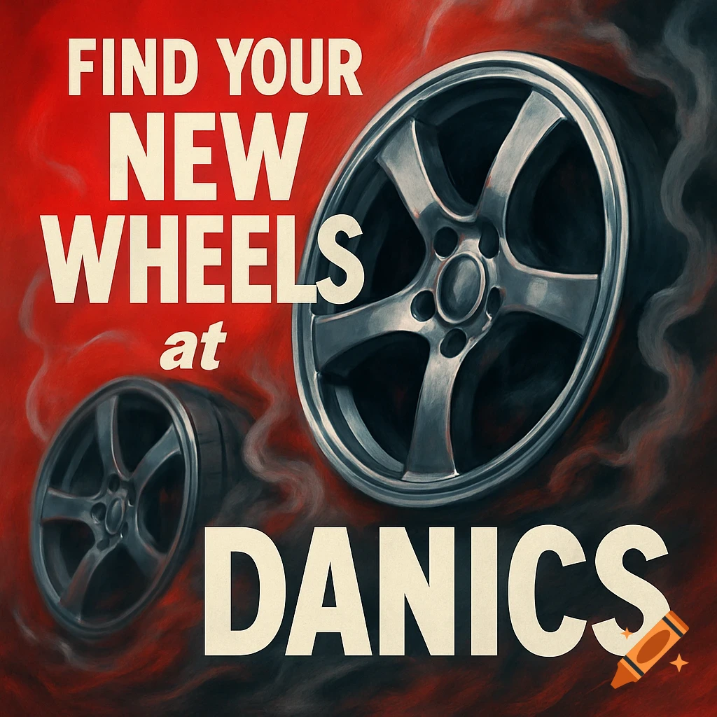 Advertisement poster for car wheels with smoky red and black background, text 'FIND YOUR NEW WHEELS at DANICS'.