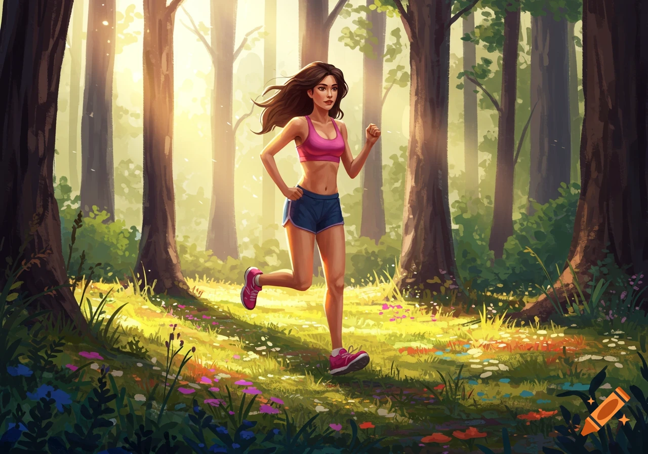 A woman with long brown hair jogs through a sunlit forest, wearing a pink sports bra and blue shorts, in a vibrant illustration style.