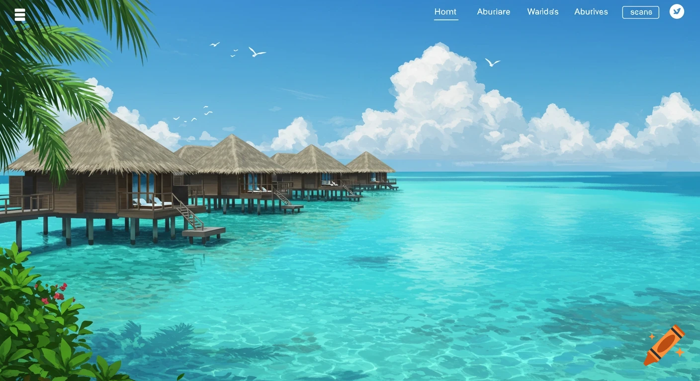 Stylized view of tropical overwater bungalows with thatched roofs in turquoise water under a clear blue sky.