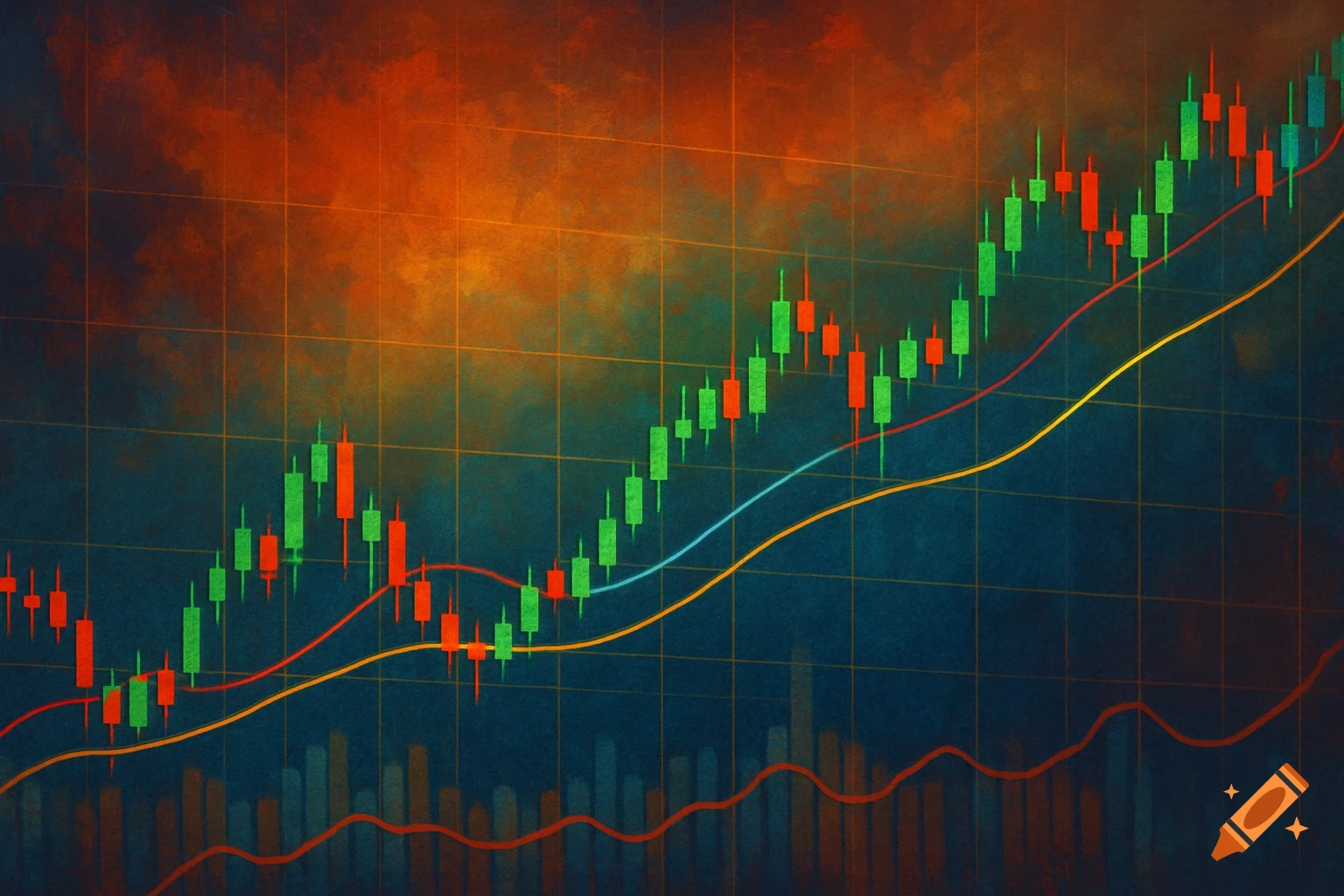 A stylized financial trading graph with green and red candlesticks and colored lines on a dark, textured background.