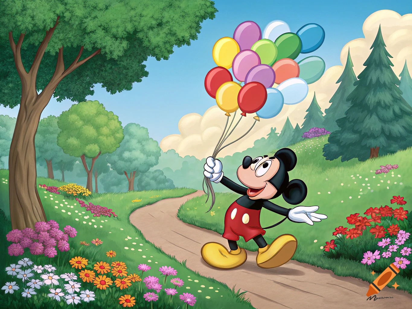 Mickey Mouse walks on a path in a vibrant forest, holding a large bunch of colorful balloons, looking up as if releasing them. Cartoon style.