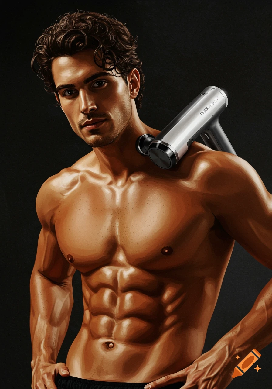 A muscular man with curly dark hair holds a silver Theragun massager on his shoulder against a dark background in a photorealistic style.