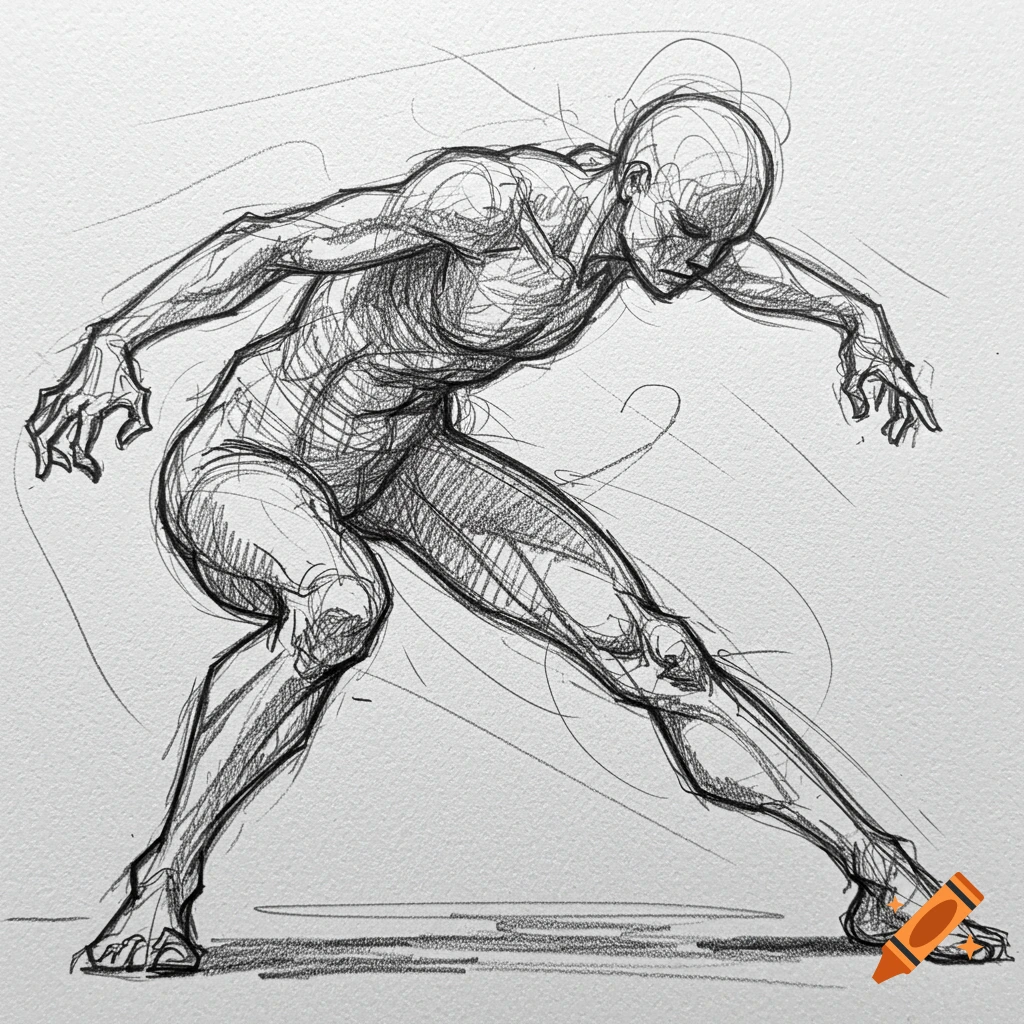 A dynamic pencil sketch of a crouching human figure, showcasing musculature and movement.