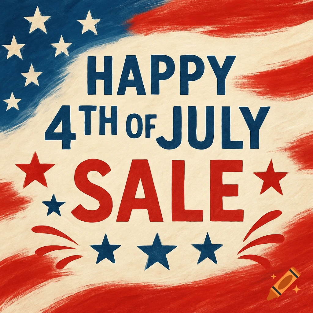 A Happy 4th of July Sale banner in a distressed American flag style with stars.
