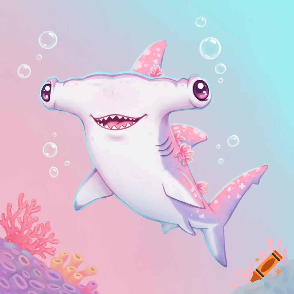 A cute, smiling pink and white cartoon hammerhead shark with purple eyes, decorated with pink flowers, swimming underwater near coral.