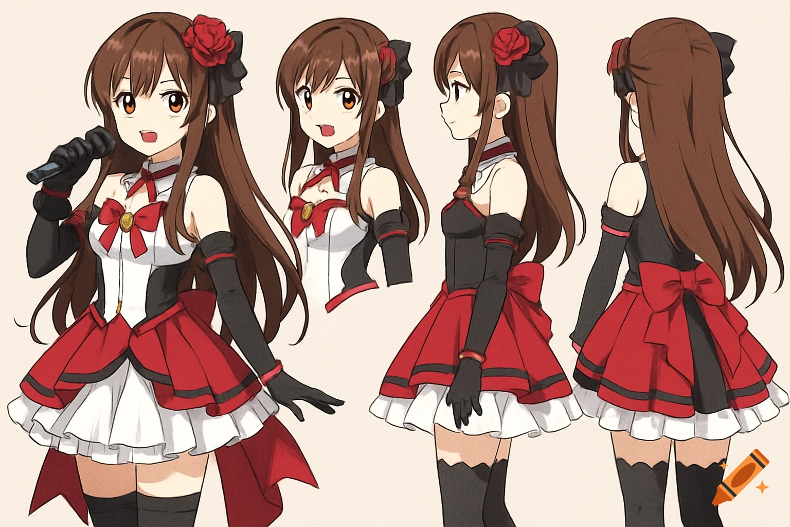 Anime character reference sheet of a songstress with brown hair in a red, white, and black outfit, shown from multiple angles with different poses.