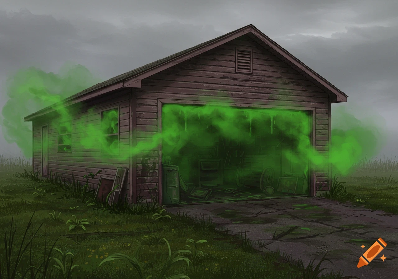 A rustic wooden garage with vibrant green smoke billowing out from its open door and windows into a gloomy, overcast landscape.