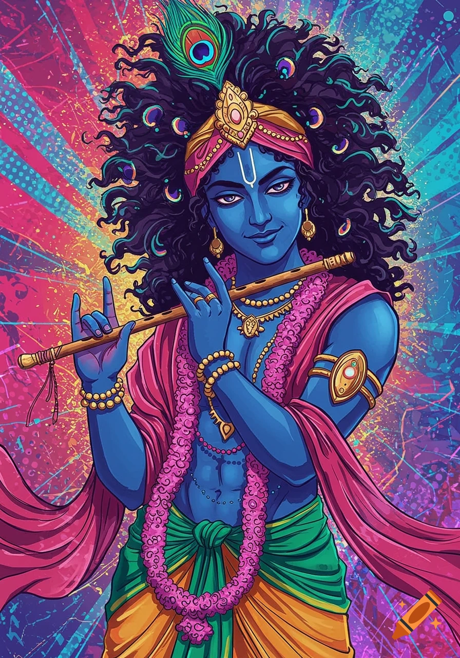 Vibrant stylized illustration of Krishna with blue skin playing a flute against a colorful pop art background.