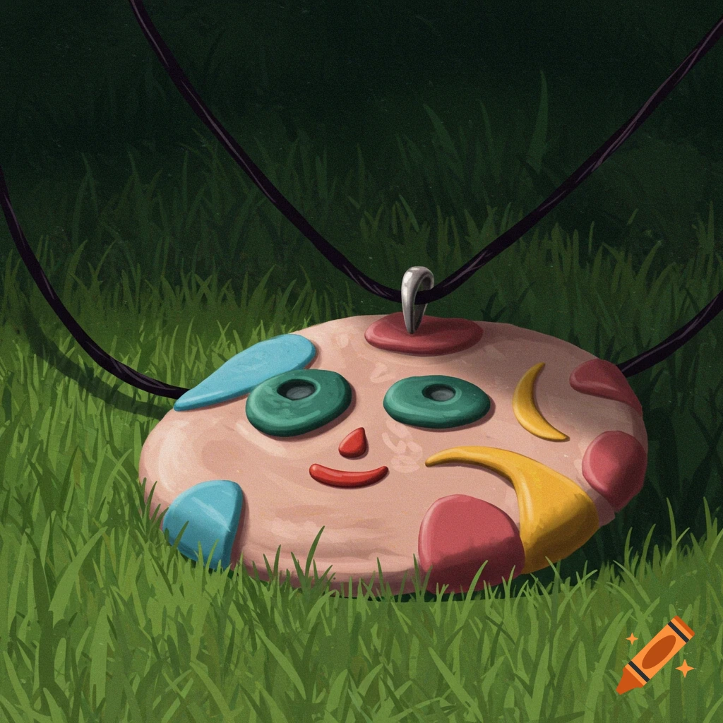 A colorful, smiling clay pendant with various shapes and colors lies on green grass, attached to a black cord.