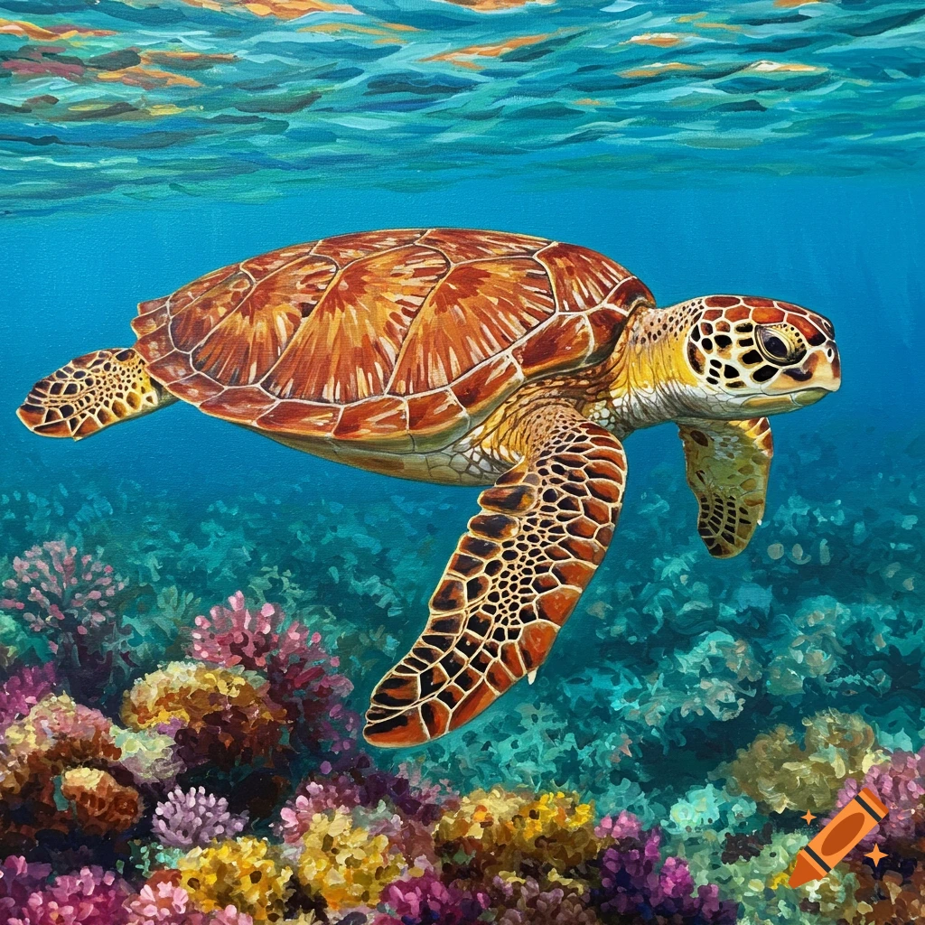 A vibrant painting of a sea turtle swimming gracefully over colorful coral in clear blue ocean water.