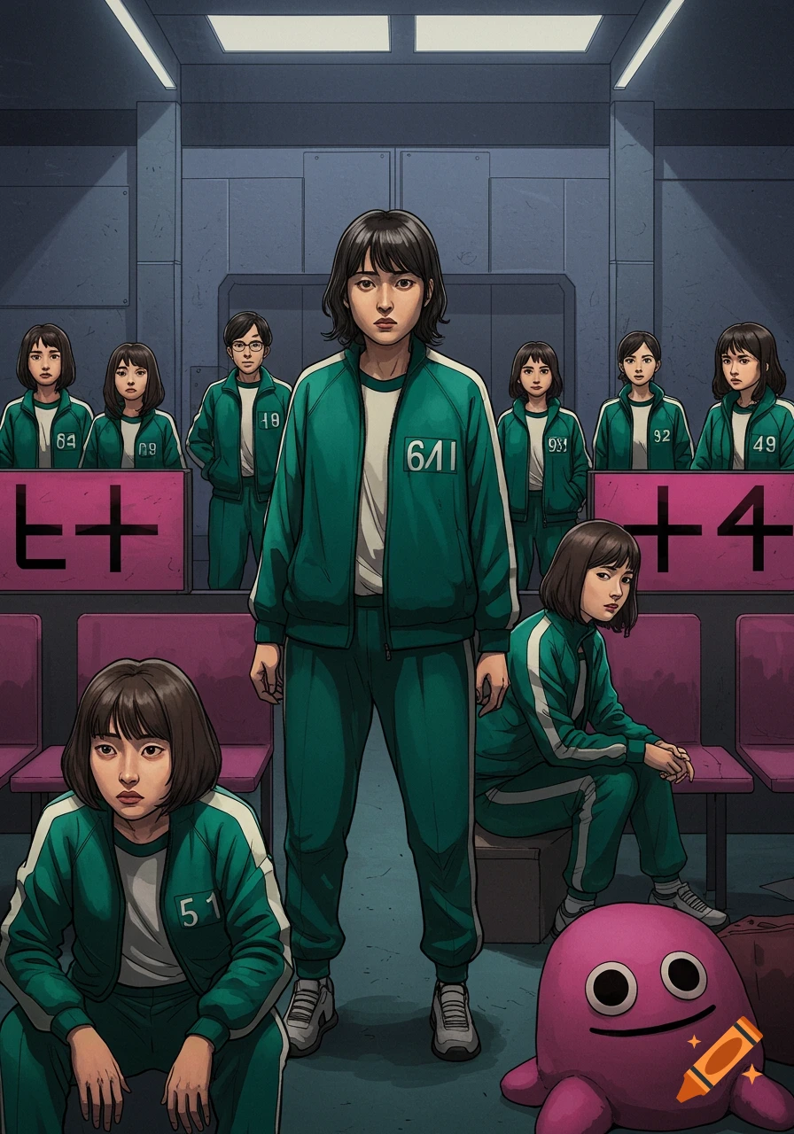 A group of people in green tracksuits with numbers stand and sit in a room with pink seats and signs, in an anime style, with a pink creature on the floor.