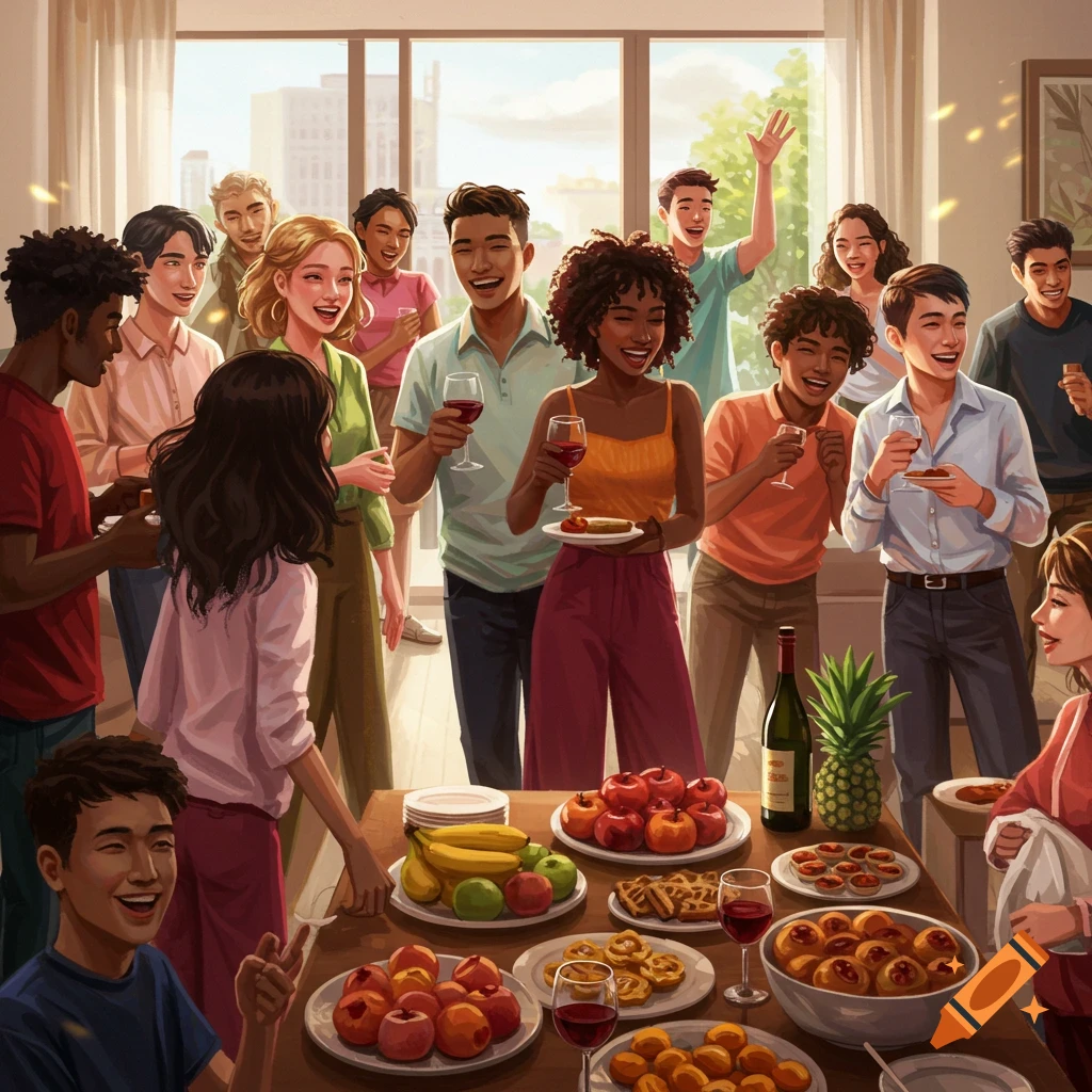 A group of diverse young adults laughing and mingling at a housewarming party, with a table full of food and drinks.