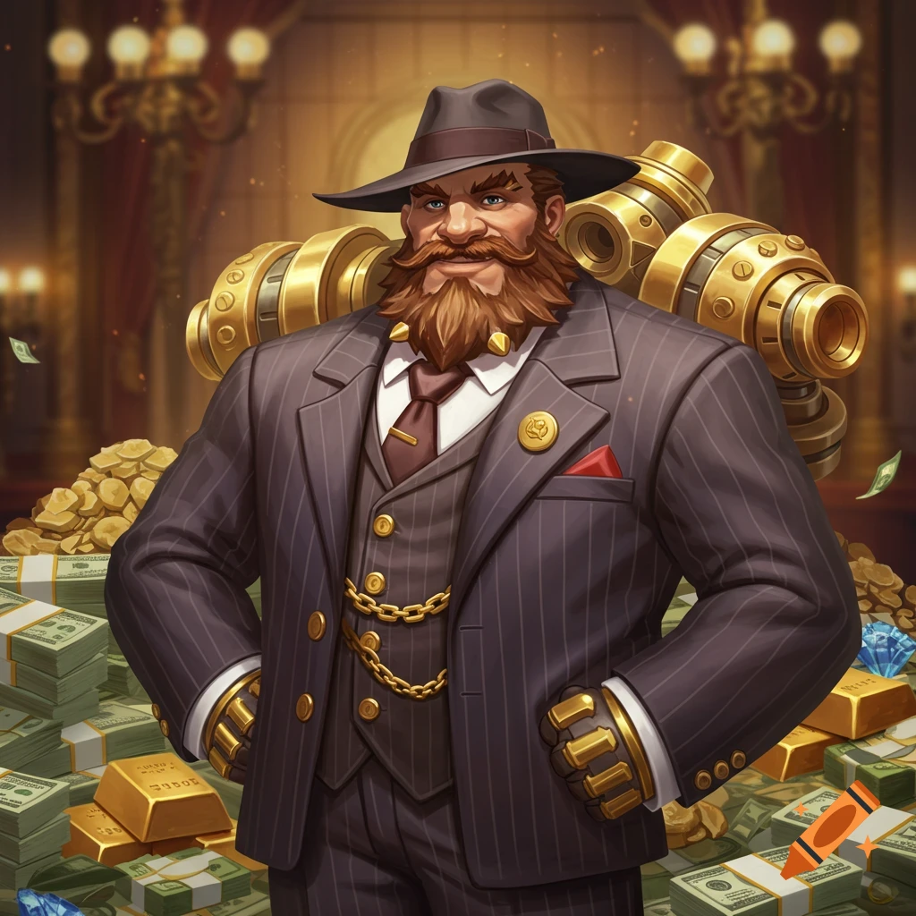 A stylized, bearded man in a pinstripe suit and fedora, resembling Torbjorn from Overwatch, stands surrounded by stacks of money and gold.