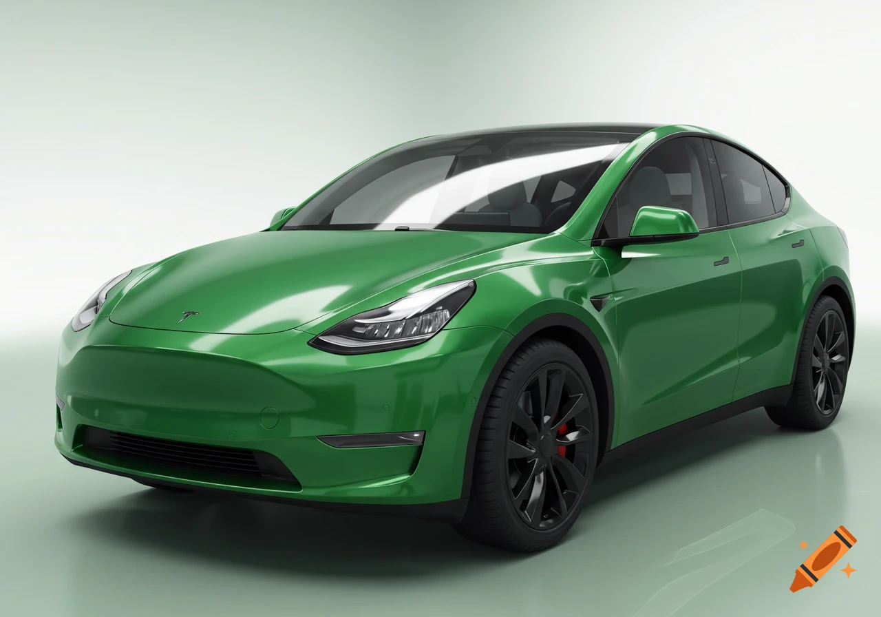 A glossy forest green Tesla Model Y electric car parked in a studio setting.