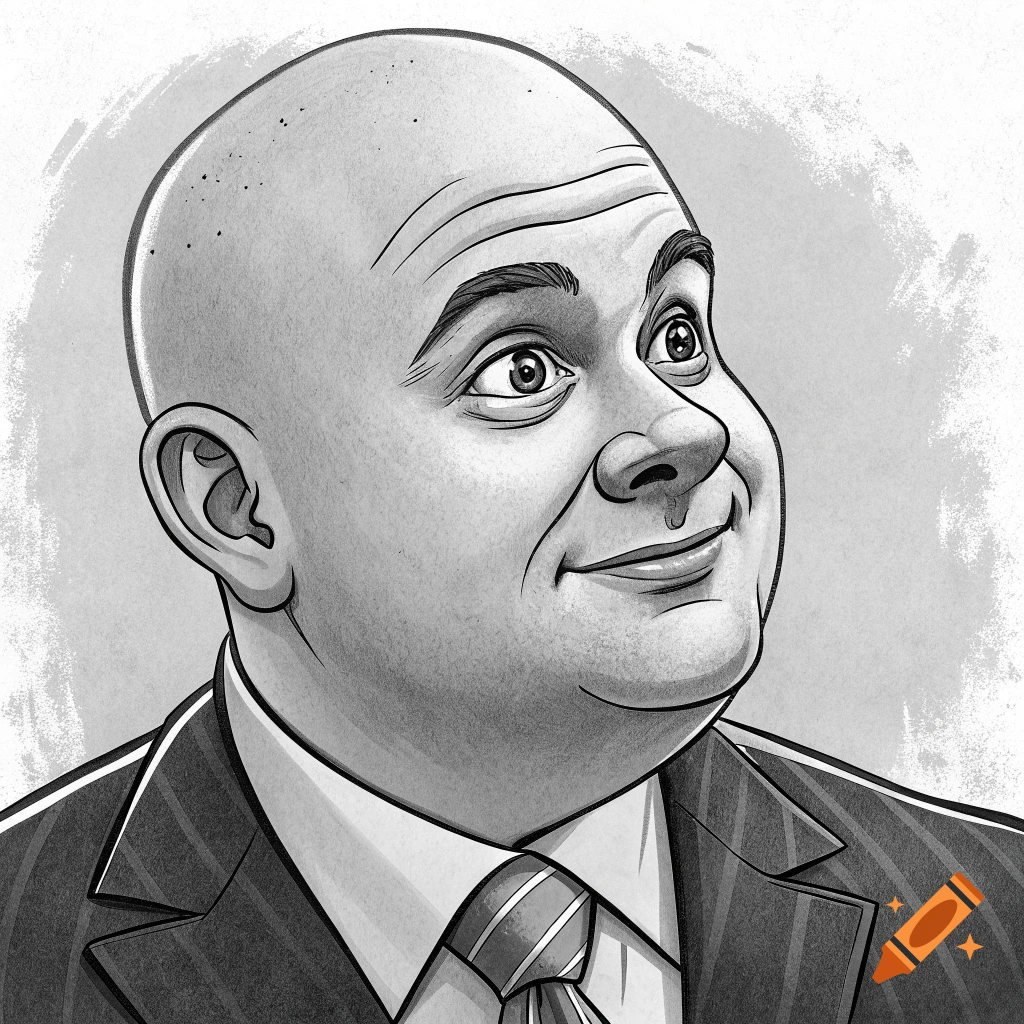 A black and white cartoon caricature of a bald man in a suit and tie, looking up with a smile.