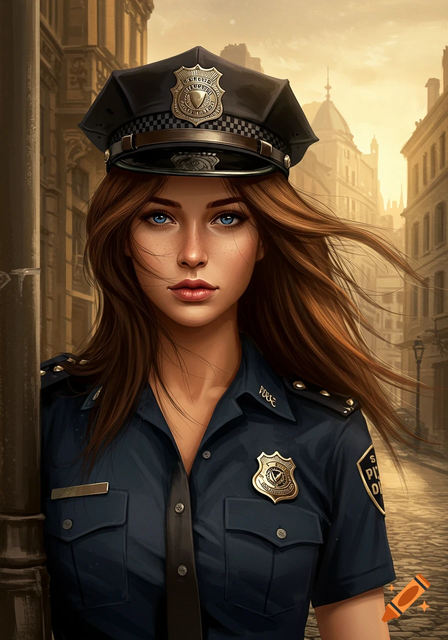 A photorealistic portrait of a brown-haired woman in a police uniform and hat, with her hair blowing in the wind on a city street.