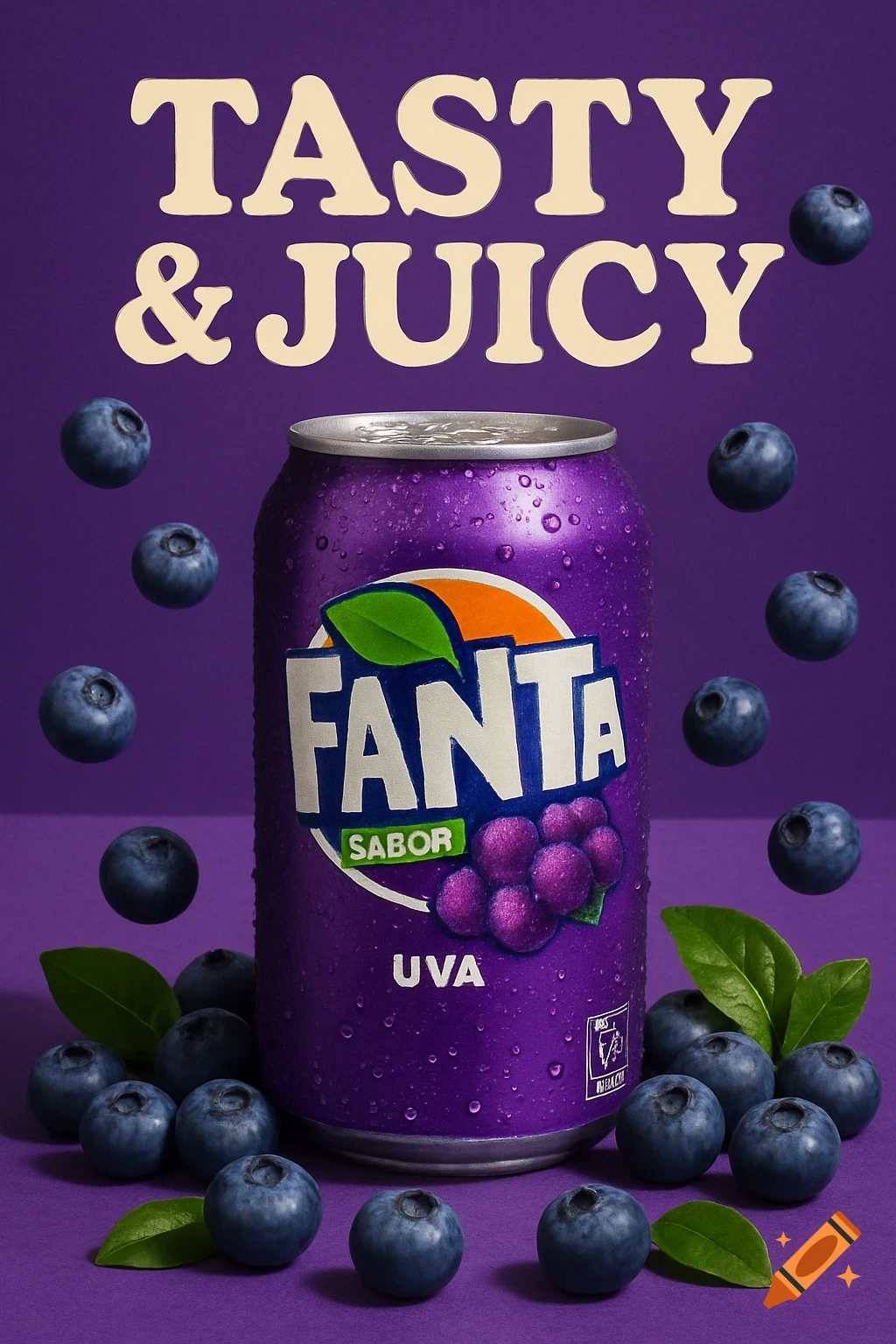 A vibrant purple Fanta grape soda can with water droplets, surrounded by blueberries and green leaves on a purple background. "TASTY & JUICY" is written above.