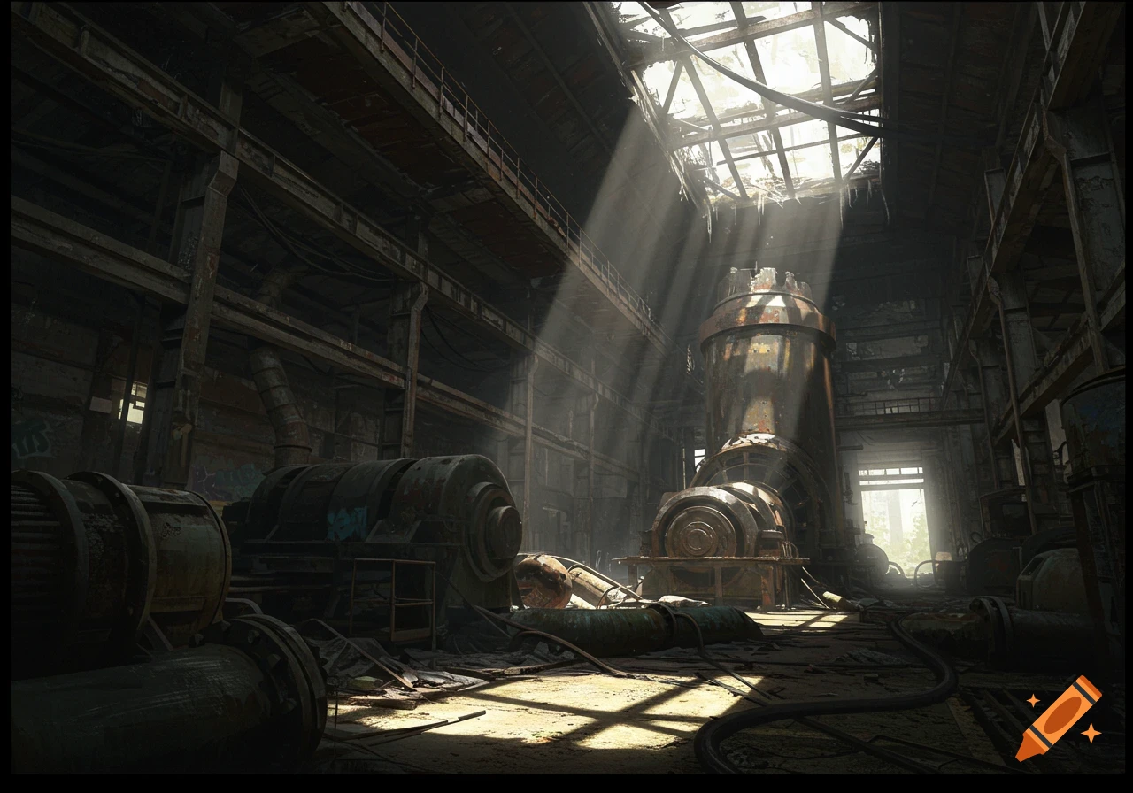 Photorealistic view inside an abandoned factory with rusty, broken machinery and sunbeams piercing through a dilapidated roof.