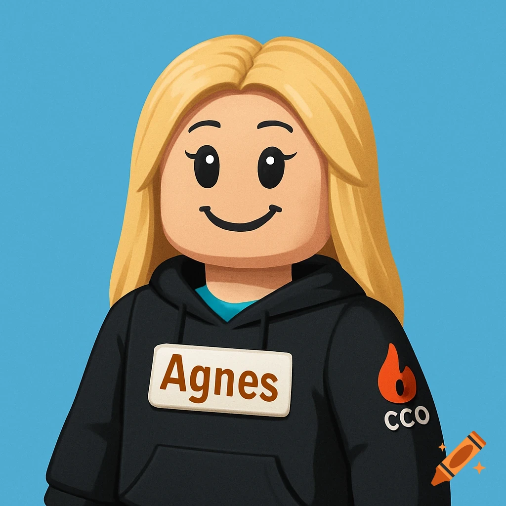 Roblox-style female avatar with blonde hair wearing a black hoodie with 'Agnes' nametag and 'CCO' logo, on a blue background.